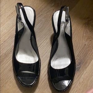 Marc Fisher patent quilted black leather wedge